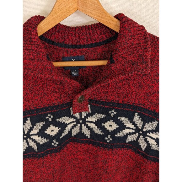 American Eagle Sweater Mens Large Nordic Fair isle Ski Red Navy Soft 1/4 Button - Picture 3 of 10